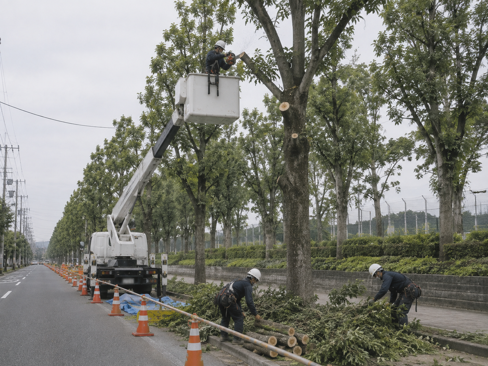 高所作業車による街路樹の伐採作業のイメージ（AI生成）