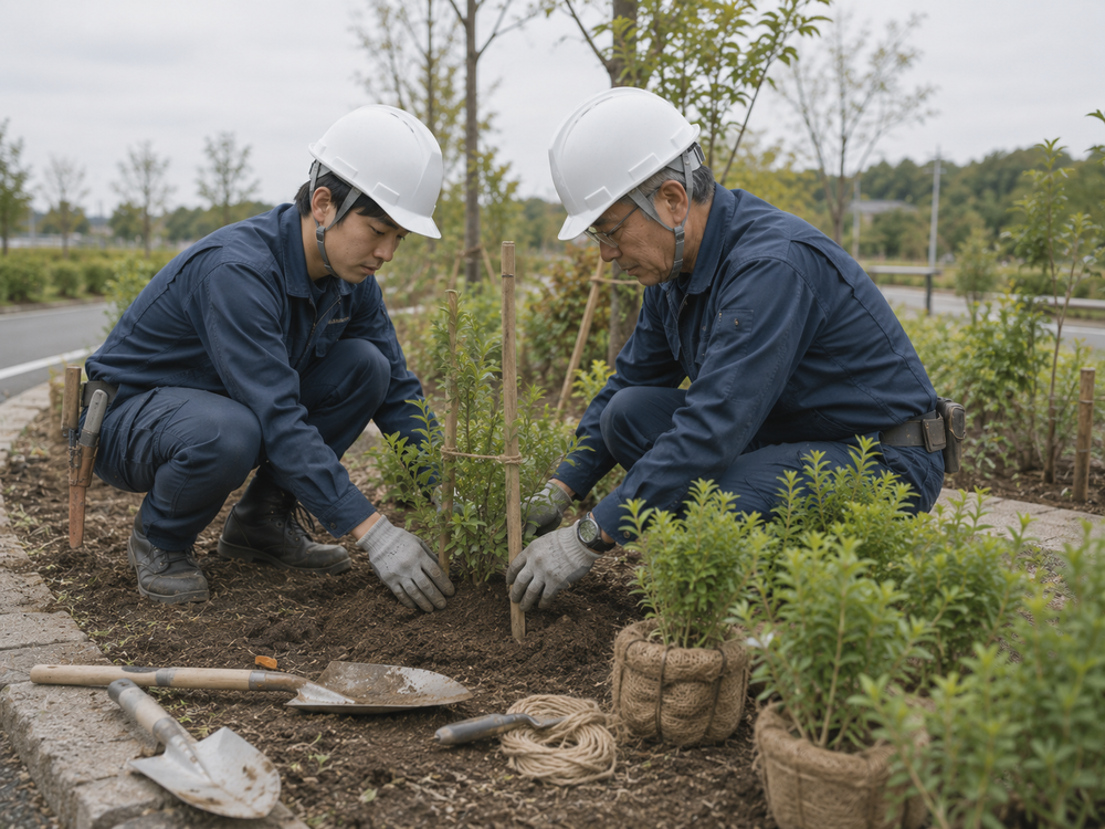 若手とベテランの作業員が並んで植栽作業を行うイメージ（AI生成）